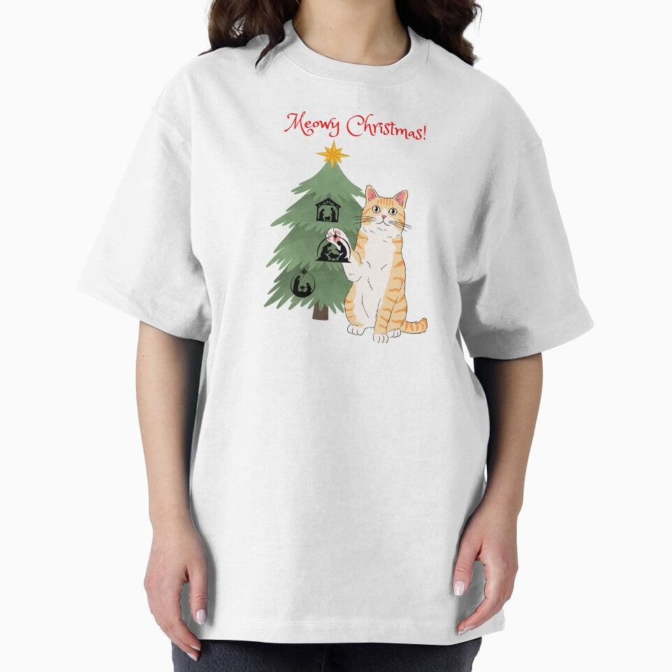 Meowy Christmas Orange Cat with Nativity Christmas Tree by MYCatStuff