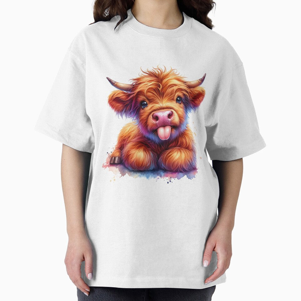 Cute Scottish Baby Highland Cow Calf Sticking Out Tongue Colorful Watercolor by MaedK
