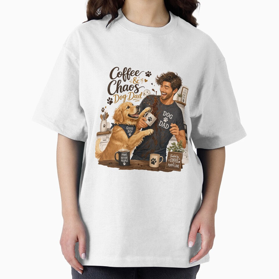 Coffee & Chaos Golden Retriever Dog Dad Kawaii T-Shirt Sticker by Ashley critters