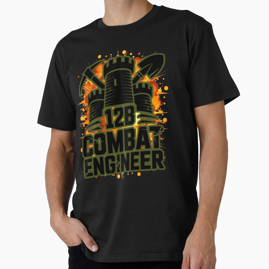 12B Combat Engineer — Classic Castle Tower Emblem with Shovel and Pickaxe U.S. Army MOS Graphic Green Outline Explosion by GFamilyC
