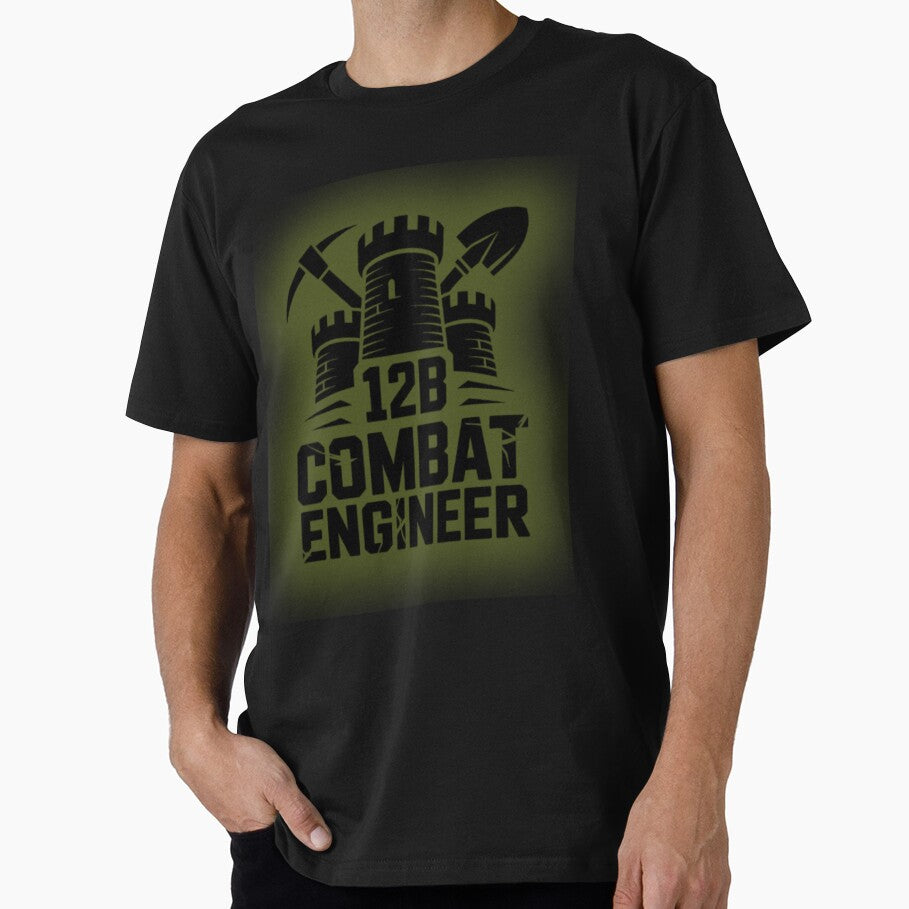 12B Combat Engineer — Classic Castle Tower Emblem with Shovel and Pickaxe U.S. Army MOS Graphic Green Glow by GFamilyC