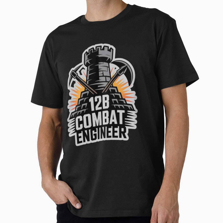 12B Combat Engineer — Castle Tower Emblem with Crossed Pickaxes and Explosion U.S. Army MOS Graphic White Outline by GFamilyC