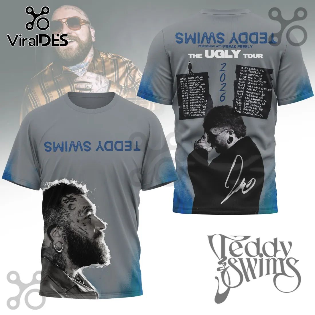 Teddy Swims The Ugly Tour 2026 Concert Fan Merch Portrait T-Shirt