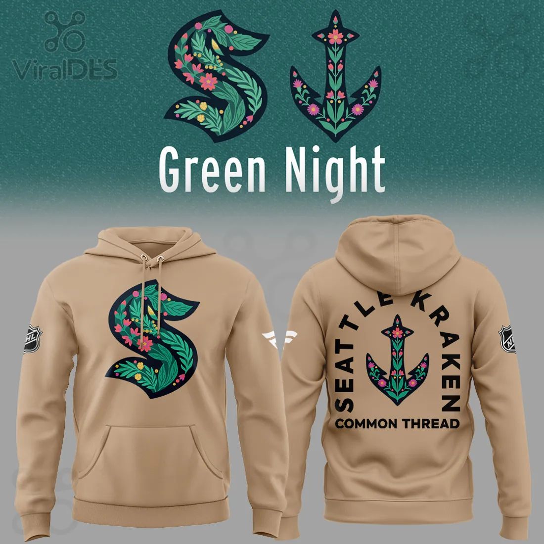 Seattle Kraken Green Night Floral Common Thread Hoodie