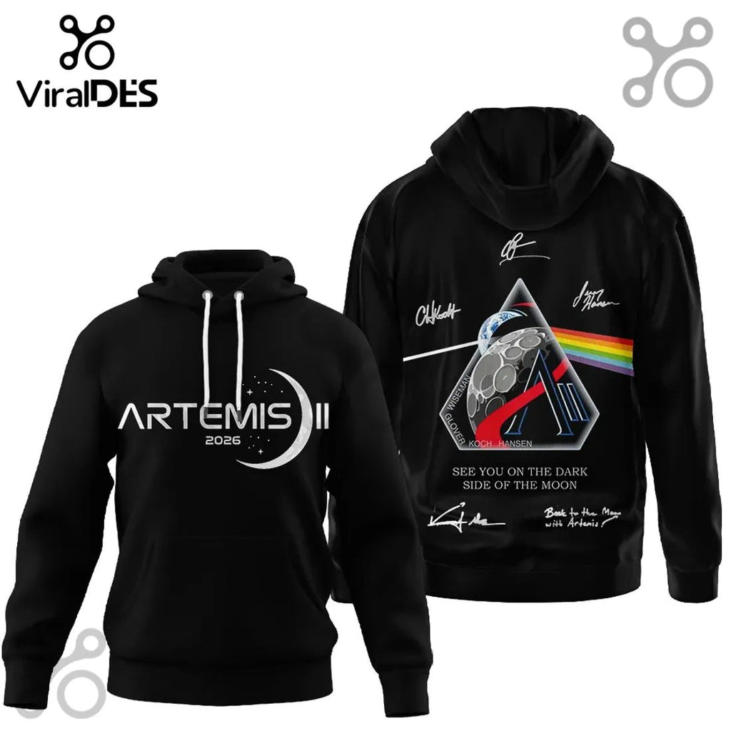 Artemis II 2026 Crew Signatures Dark Side of Moon Space Mission Hoodie